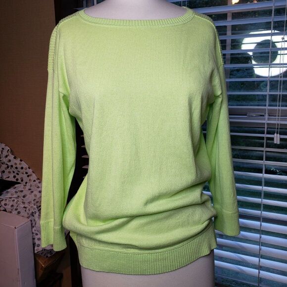 T by Talbots Soft Chartreuse Ribbed Sweater Top womens M Boat Neck Lime Green - Picture 3 of 9